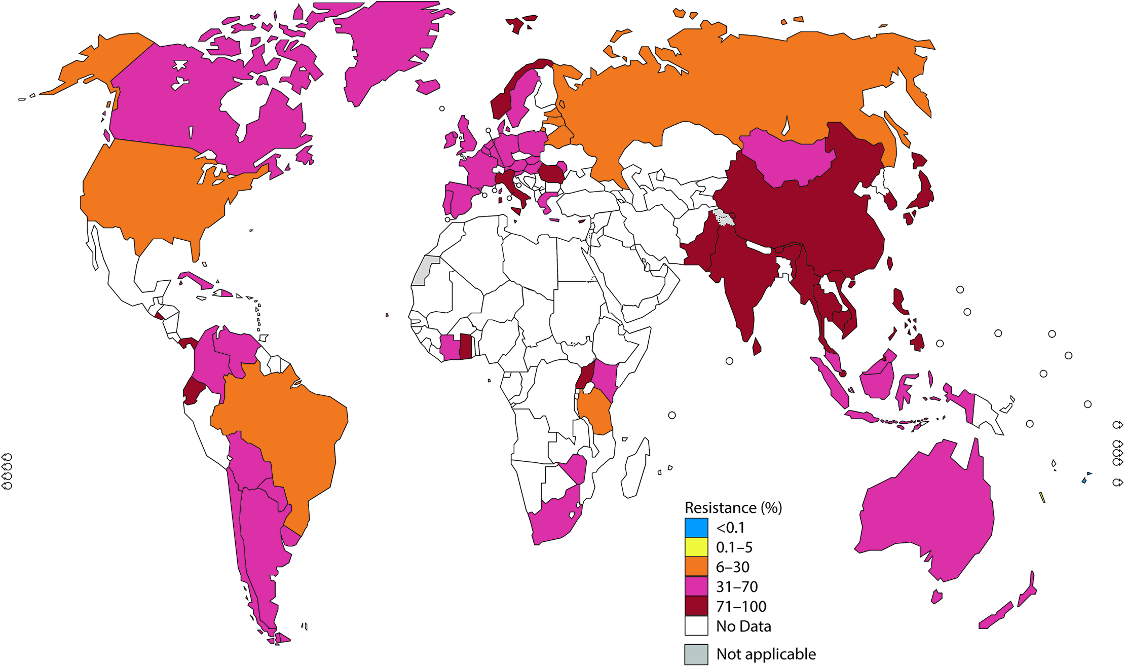 The percentage (%) of isolates with resistance to ciprofloxacin according to the most recent WHO GASP data (2014 for most countries, but for a few countries, only 2011–2013 data were available).