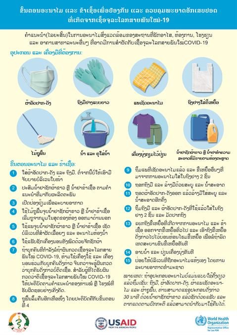 ຂັ້ນຕອນອະນາໄມ ແລະ ຂ້າເຊື້ອເພື່ອປ້ອງກັນ ແລະ ຄວບຄຸມພະຍາດອັກເສບປອດ ທີ່ເກີດຈາກເຊື້ອຈຸລະໂລກສາຍພັນໃໝ່COVID-19